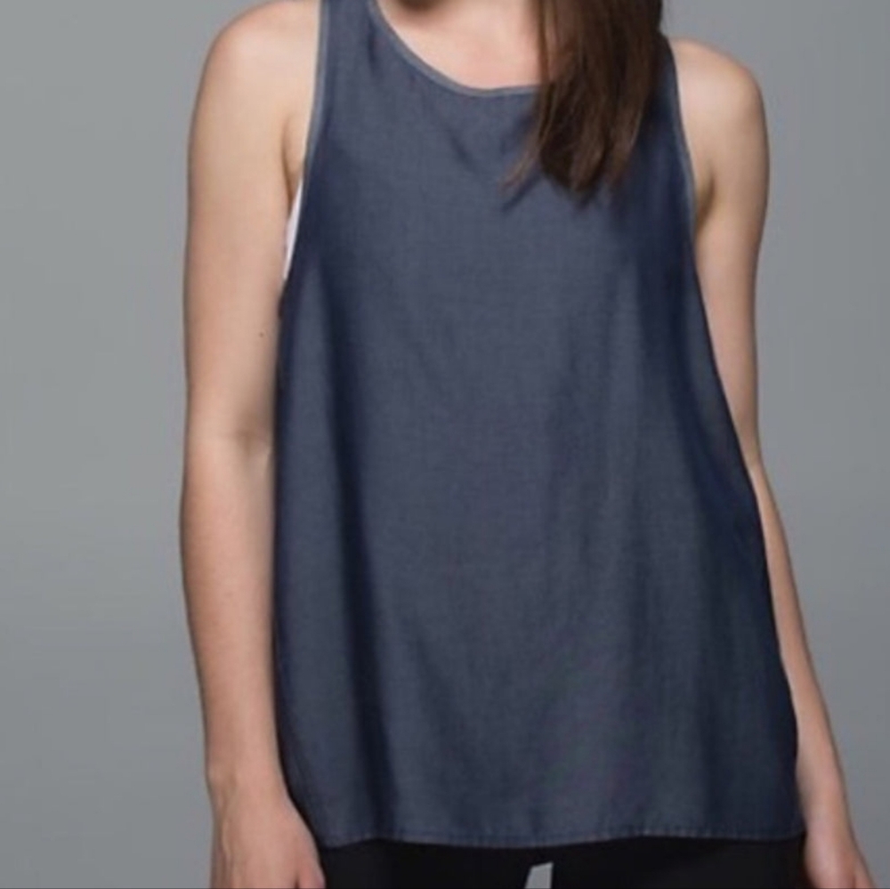Lululemon All Tied Up Tank Top Open Back Navy Blue Denim Tencel Chambray SZ S?